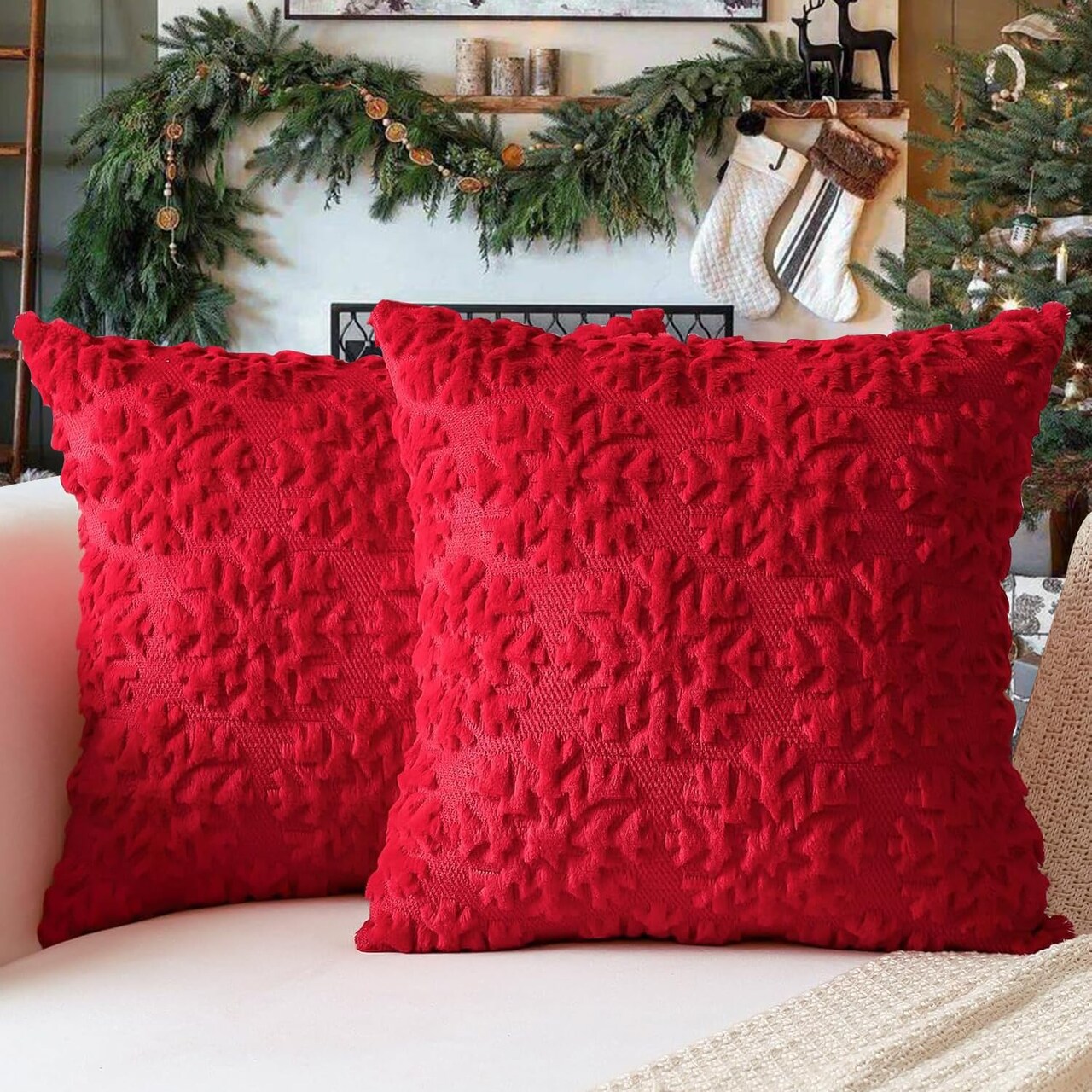 Christmas Pillow Covers 18'' x 18'' Set of 2, Soft Faux Rabbit Fur 3D Embroidery Snowflakes Throw Pillow Covers For Holiday Christmas Decor Sofa, Couch, Party, Invisible Zipper, Skin-Friendly